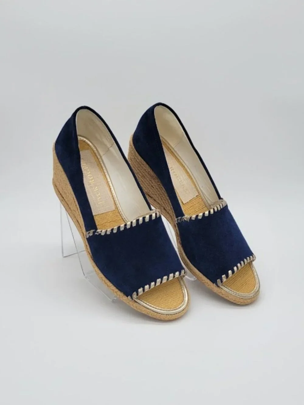JACK ROGERS Palmer Wedge Espadrille Women’s Size 9.5 Navy Blue Suede Peep Toe